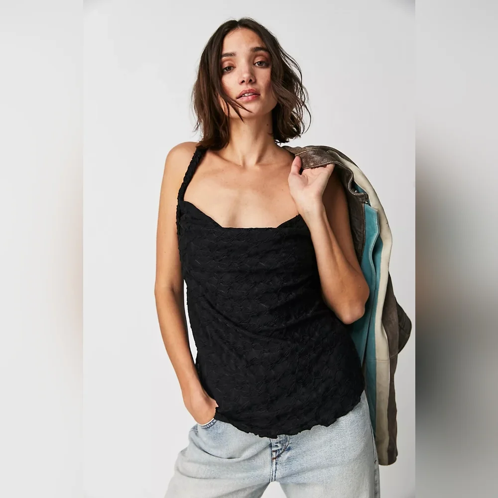 Free People Black Lace Braided-Strap Cami